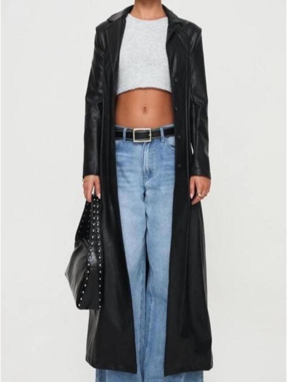 Princess Polly Speak Easy Long Line Faux Leather Coat Black